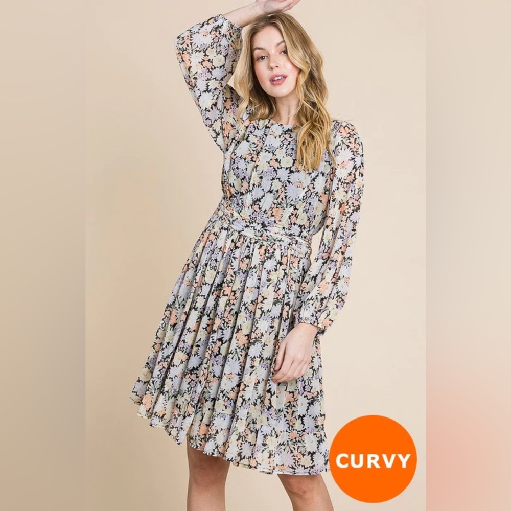 Women’s Floral Fall Dress, Ott, Round Neck, Long Sleeves, Chiffon, Size 2X, NWT
